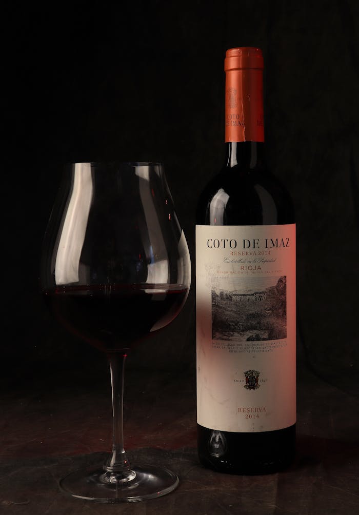 A sophisticated still life featuring a red wine bottle and glass against a dark background.